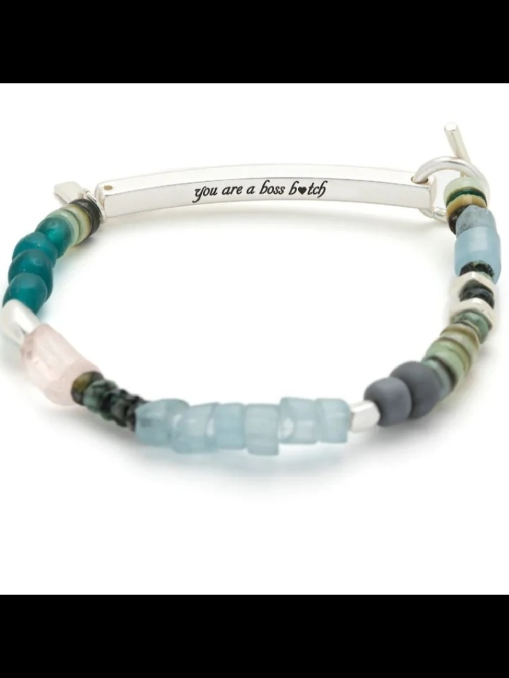 "You Are a Boss" Silver Beaded Bracelet - Aqua & Teal